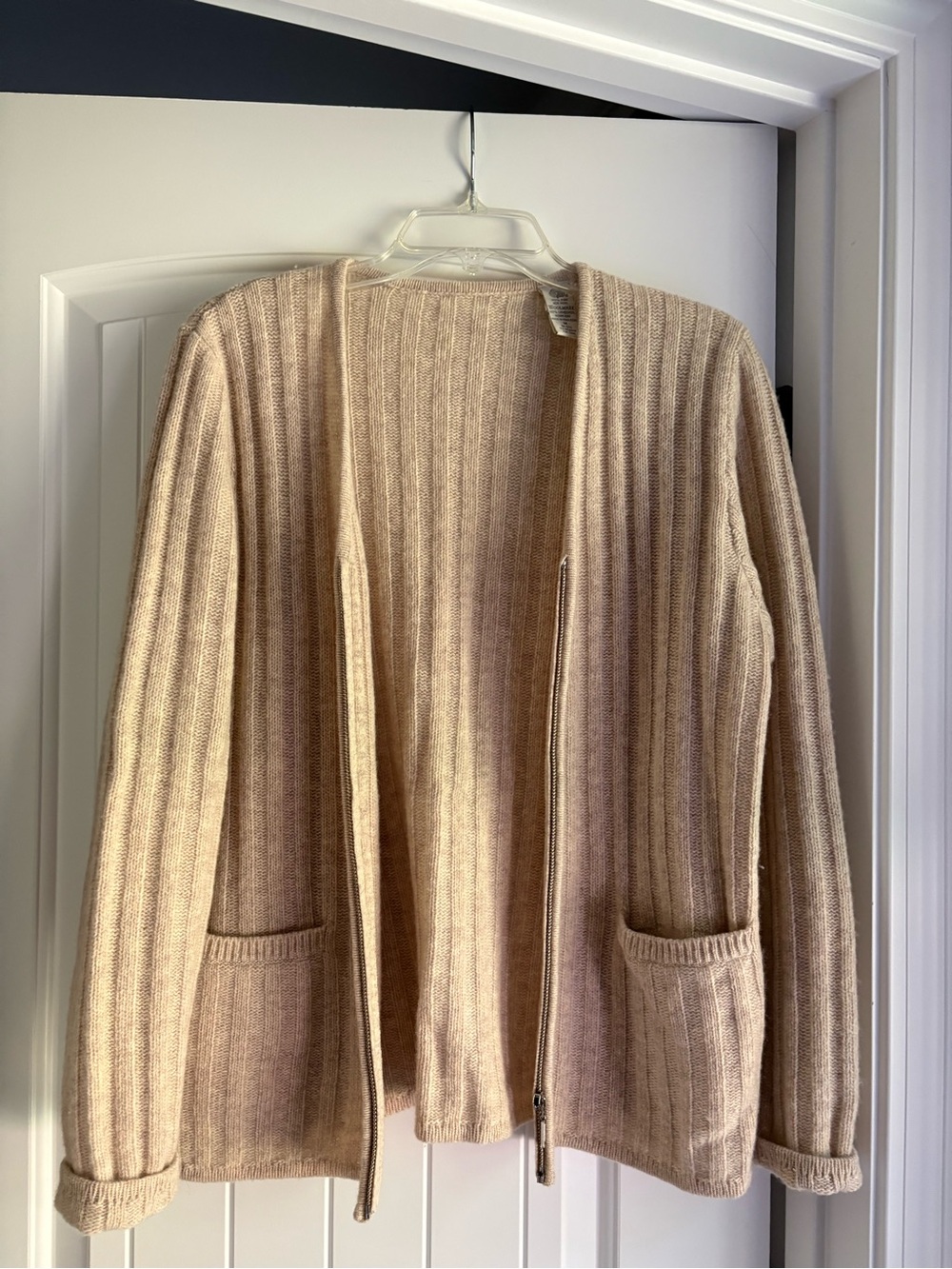 Woolmark Open-Front Ribbed Cardigan Sweater in Light Beige